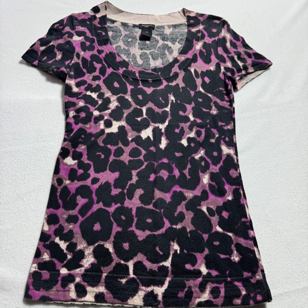 Ann Taylor Leopard Print Sweater Top XS Purple Black 100% Cotton Short Sleeve